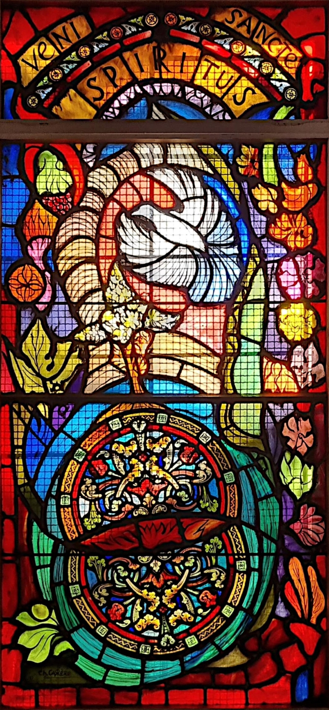 Stained glass windows by Charles Carrère for the church of Saint Léon de Marracq in Bayonne. this leaded stained glass he used pieces of another stained glass window. In a way it is recycling before fashion